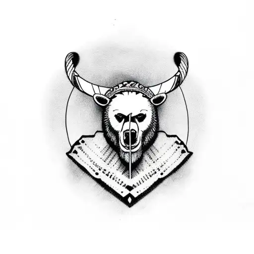 viking standing on viking boat and wearing bear hat on his head tattoo design idea