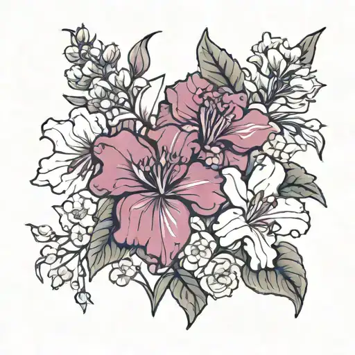 Generate a tattoo design for a man that has 6 total flowers. 1. Lily, 2. Carnation, 3. Iris, 4. Clematis, 5. Lilac, 6. Z tattoo design idea