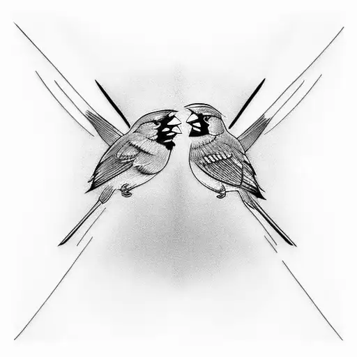 two birds, a cardinal and canary midflight facing each other  tattoo design idea