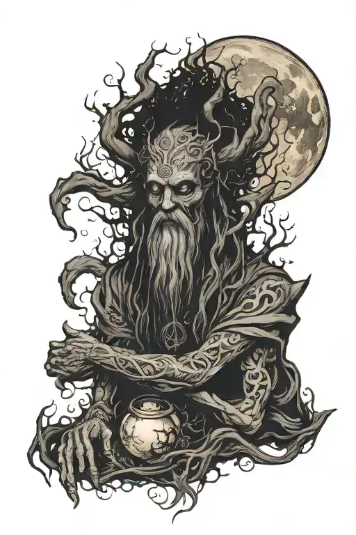 a druid tatto in a dark ambiance. Some smoke around the druid and a moon up tattoo design idea