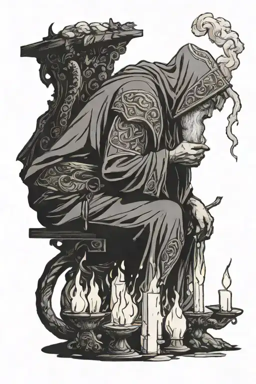 druid in profil position, in traditionnel clothes. Dark and ritual ambiance, with some smoke from burning out candles tattoo design idea