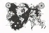 world map with longitudes and latitudes with compass on left side, symbolizing the client's love for traveling  tattoo design idea