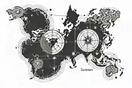 world map with longitudes and latitudes with compass on left side, symbolizing the client's love for traveling  tattoo design idea