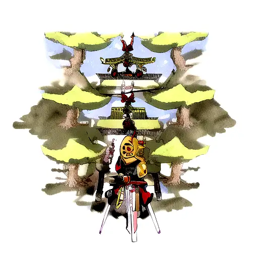 one big sword in middle, four swords crossing in front of it. ichigos hollow mask leaning against sword.  tattoo design idea