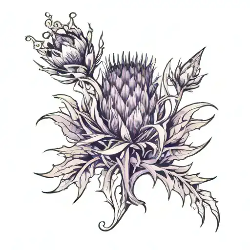 purple thistle growing from within royal crown tattoo design idea