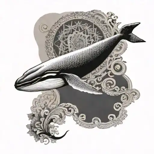 A black-grey tattoo of a majestic whale swimming in a sea of crochet patterns tattoo design idea