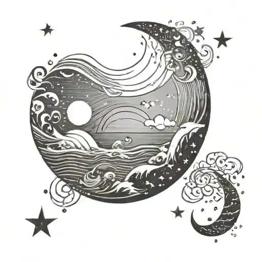 sea, ocean, star, moon and star tattoo design idea