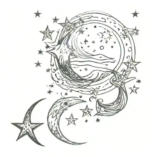sea, ocean, star, moon and star tattoo design idea