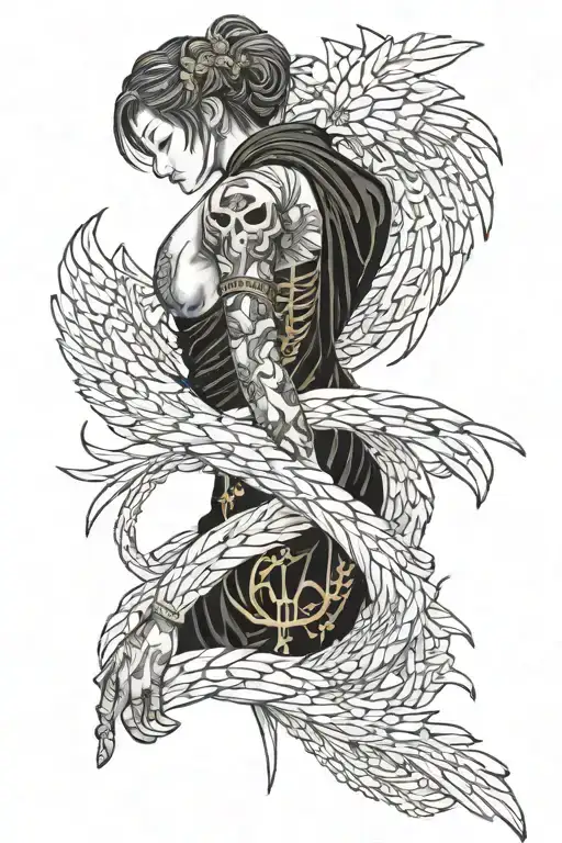 broken spine with light and dark angels sewing spine back together with golden thread tattoo design idea