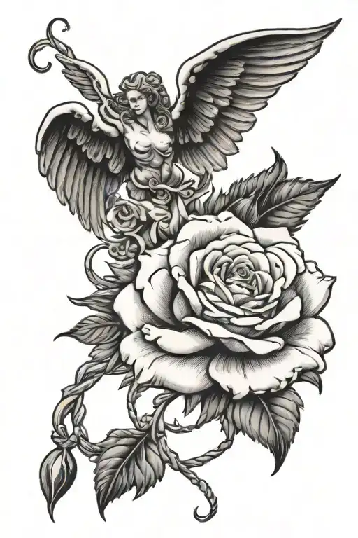 A black and grey tattoo of a rose intertwined with angel wings, symbolizing the beauty and fragility of life. tattoo design idea