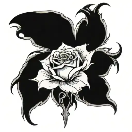 A black and grey tattoo of a rose intertwined with the wings of death and an angel, symbolizing the beauty and fragility of life. tattoo design idea