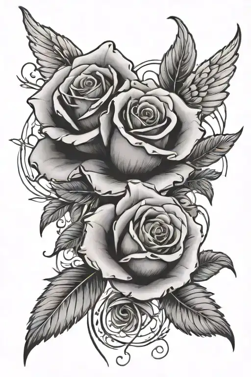 Black and grey rose tattoo intertwined with death and angel wings, symbolizing the beauty and fragility of life tattoo design idea
