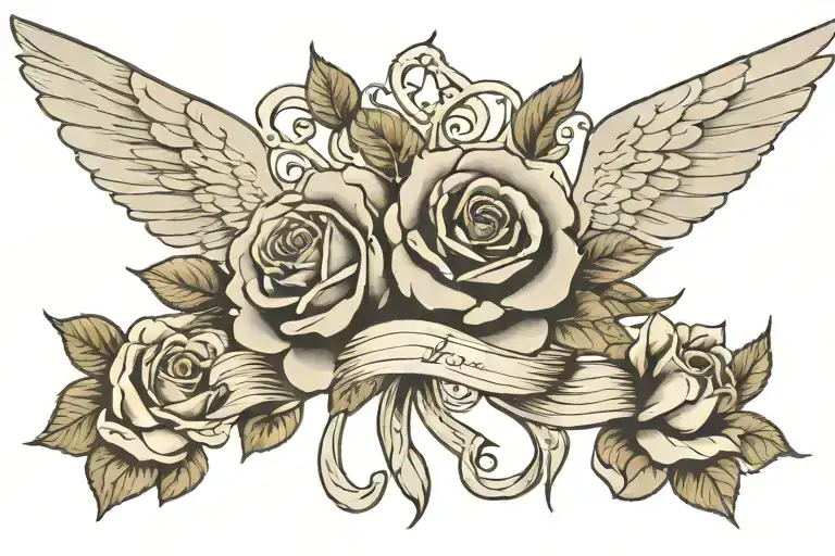 A black and grey tattoo of a rose intertwined with the wings of death and an angel, symbolizing the beauty and fragility of life. tattoo design idea