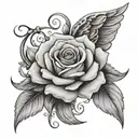 A black and grey tattoo of a rose intertwined with angel wings, symbolizing the beauty and fragility of life tattoo design idea