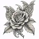A black and grey tattoo of a rose intertwined with angel wings, symbolizing the beauty and fragility of life tattoo design idea