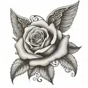A black and grey tattoo of a rose intertwined with angel wings, symbolizing the beauty and fragility of life tattoo design idea