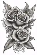 Black and grey rose tattoo intertwined with death and angel wings, symbolizing the beauty and fragility of life tattoo design idea