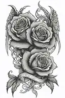 Black and grey rose tattoo intertwined with death and angel wings, symbolizing the beauty and fragility of life tattoo design idea