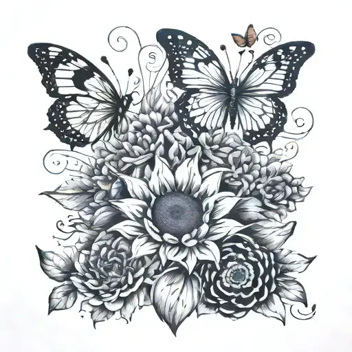 arm tattoo of sunflowers and lotus flowers with butterflies and a ladybug tattoo design idea