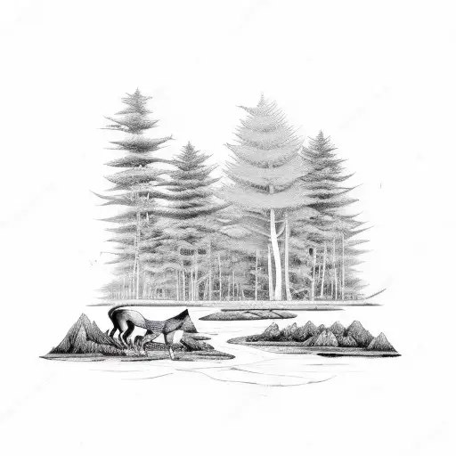 Forest with river with a wolf next to it tattoo design idea