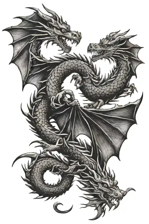 Double headed dragon flying tattoo design idea