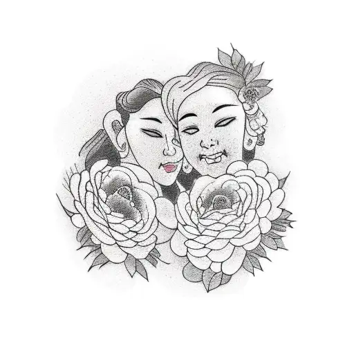 A dotwork tattoo of a mother and son embracing, surrounded by flowers and roses tattoo design idea