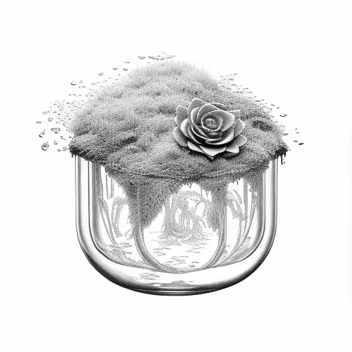 A glas container with moss inside, with a flower groing from the inside of te container to the outside tattoo design idea