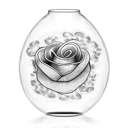 A glas container with moss inside, with a flower groing from the inside of te container to the outside tattoo design idea