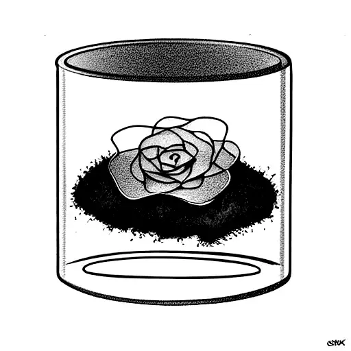A glas container with moss inside, with a flower groing from the inside of te container to the outside tattoo design idea