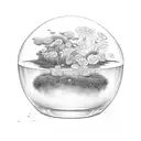 A glas container with moss inside, with a flower groing from the inside of te container to the outside tattoo design idea