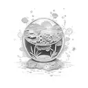 A glas container with moss inside, with a flower groing from the inside of te container to the outside tattoo design idea