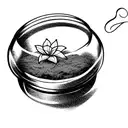 A glas container with moss inside, with a flower groing from the inside of te container to the outside tattoo design idea