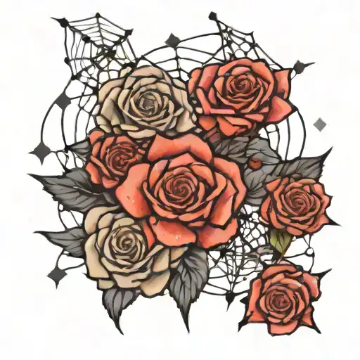 roses spiderwebs stars sparkles black and grey tattoo design idea