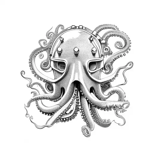old scuba helmet with octopus tentacles  tattoo design idea