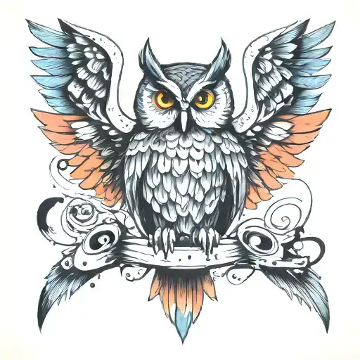 An owl with wings made of paintbrushes and musical instruments tattoo design idea