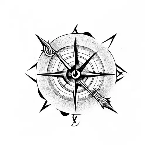 arrow with compass with a rose with vines all around tattoo design idea