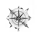 arrow with compass with a rose with vines all around tattoo design idea