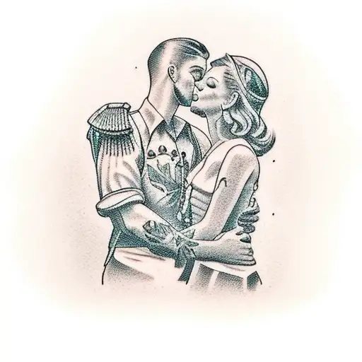 Marriage proposal of blonde girl standing and brunette guy kneeling tattoo design idea