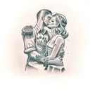 Marriage proposal of blonde girl standing and brunette guy kneeling tattoo design idea