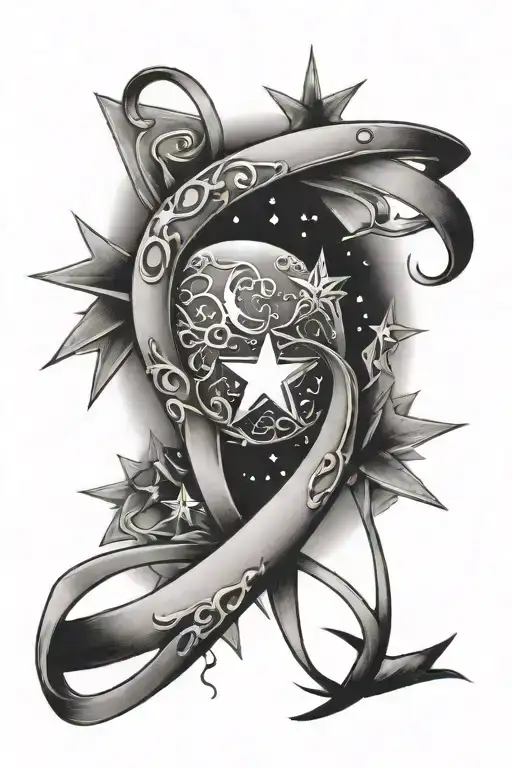 moon and stars with breast cancer ribbon intertwined tattoo design idea