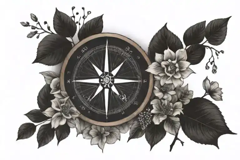 A minimalist tattoo of a compass with the vatican and a cherryblossom tree and the coordinates of Tokyo and Rome tattoo design idea