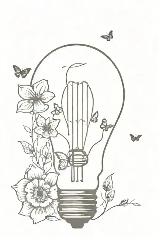 broken light bulb with flowers and butterflies coming out of it. the words "all lights turned off can be turned on"  tattoo design idea