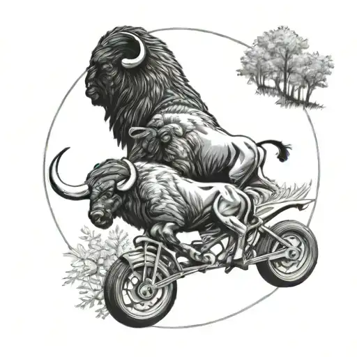 A tattoo design of the Buffalo Sabres and Buffalo Bills logos intertwined, with a background of 3 wheelers racing through a forest tattoo design idea