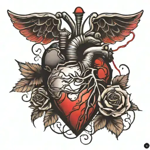 heart transplant with heartbeat and black to red rose tattoo design idea