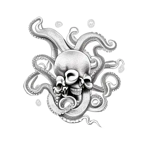 Octopus hugging a skull with some shrimps tattoo design idea