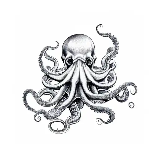 Octopus hugging a skull with some shrimps tattoo design idea