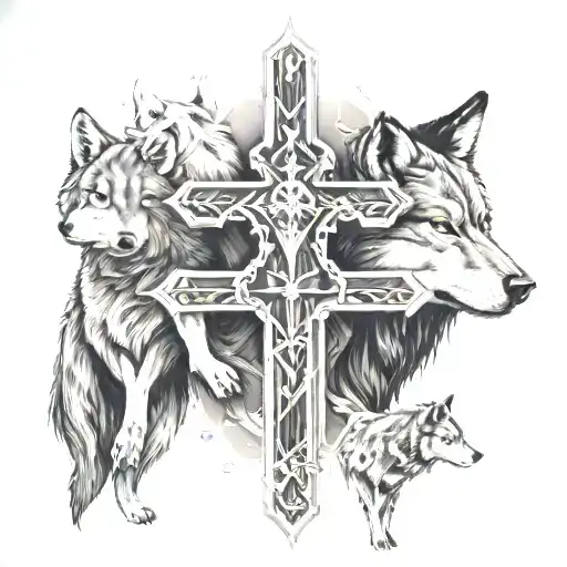A cross with a silhouette of Jesus surrounded by wolves, representing protection and faith tattoo design idea