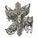 A cross with a realistic depiction of Jesus surrounded by wolves, representing faith and protection tattoo design idea