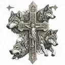 A cross with a realistic depiction of Jesus surrounded by wolves, representing faith and protection tattoo design idea