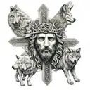 A cross with a realistic depiction of Jesus surrounded by wolves, representing faith and protection tattoo design idea